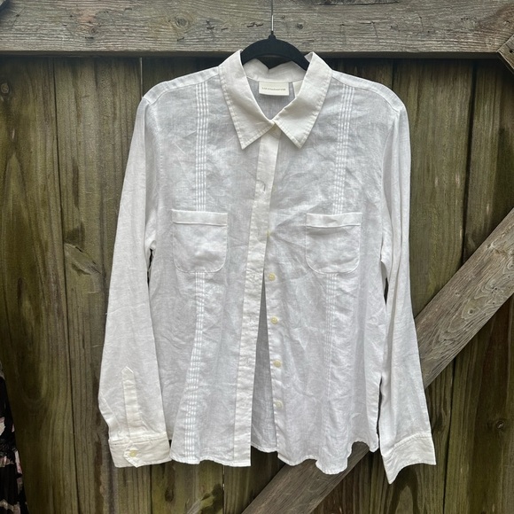 Liz Claiborne 100% Linen White Pleated Detail Collared Plus Size Button Down Top - Picture 2 of 8